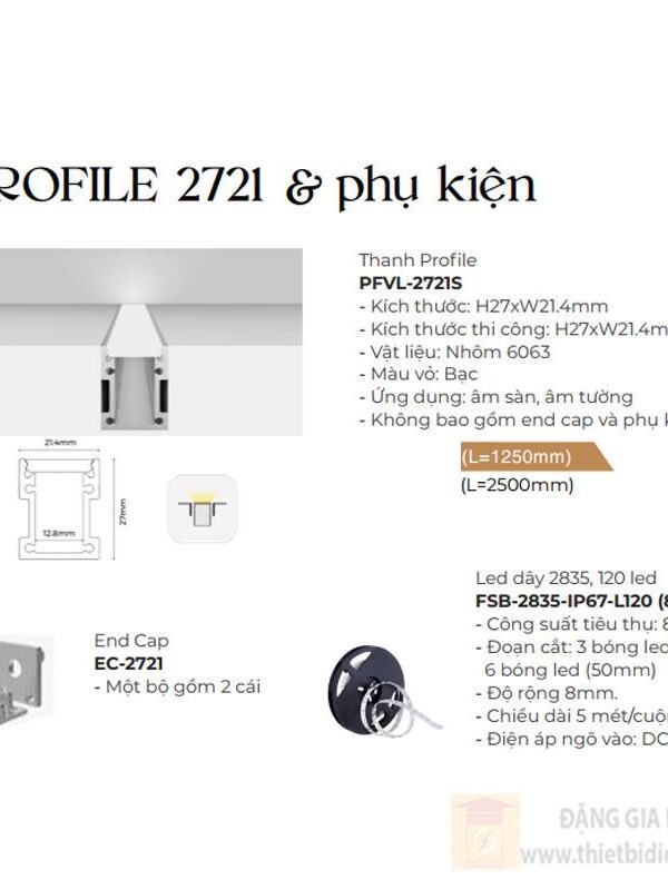 Thanh Profile 2721S và phụ kiện + FSB-2835-IP67-L120 (8mm) ngoài trời